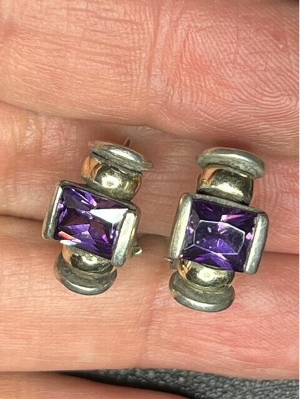 B7394 Vintage Amethyst Stud Earrings Sterling Silver Gold Accent Omega 7.7g
